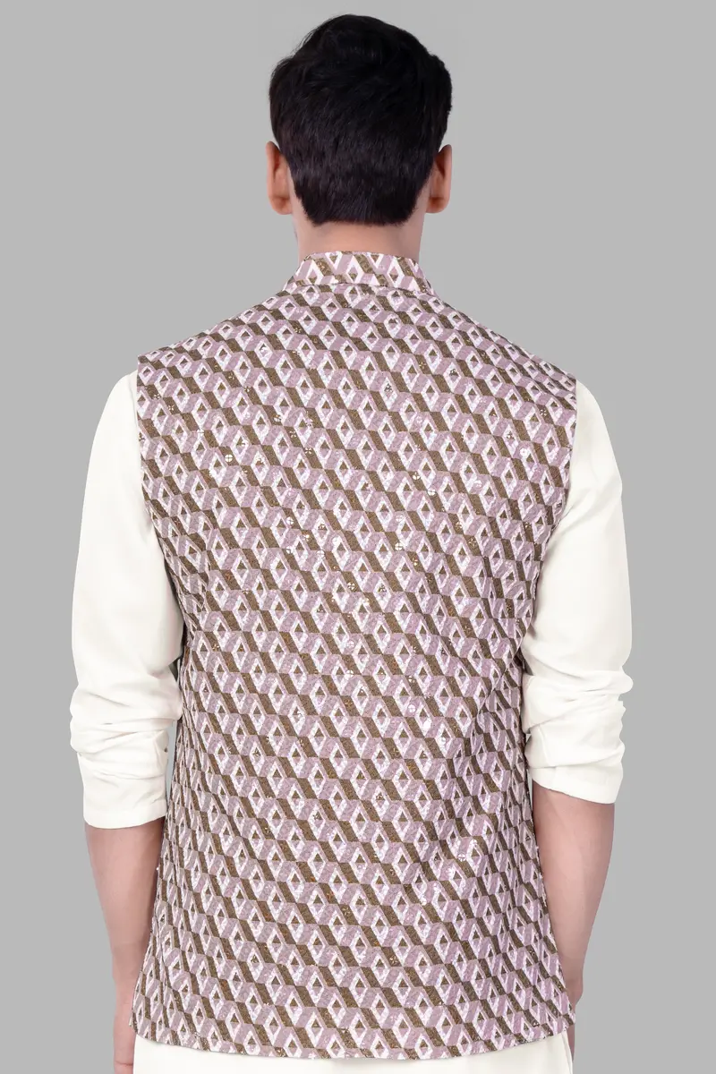 Clam Shell Pink And Roman Coffee Brown 3D Box Quilt Embroidered Nehru Jacket 6