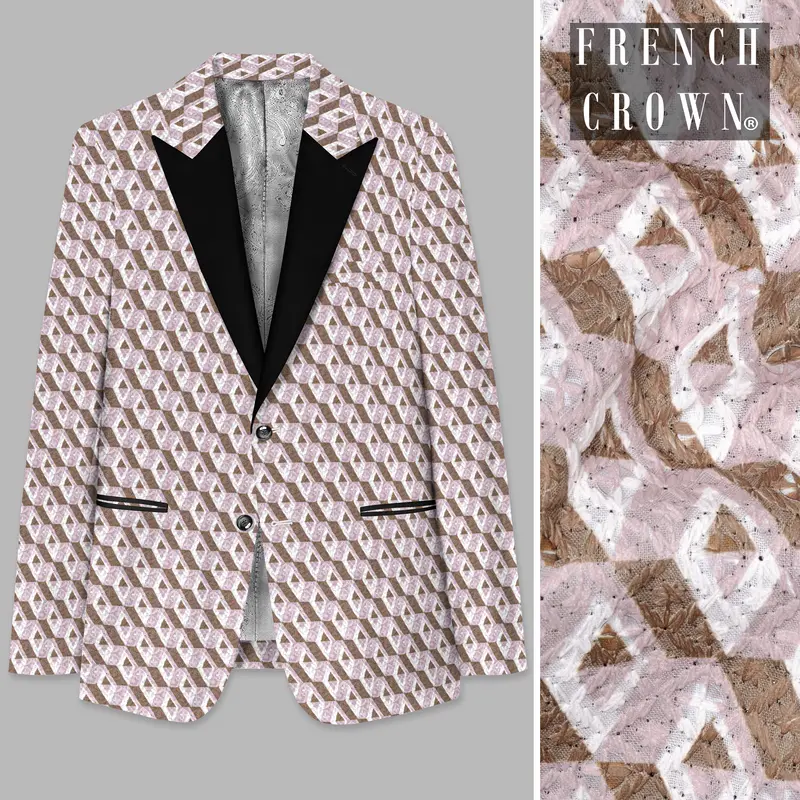 Clam Shell Pink And Roman Coffee Brown 3D Box Quilt Embroidered Peak Lapel Tuxedo Blazer 1