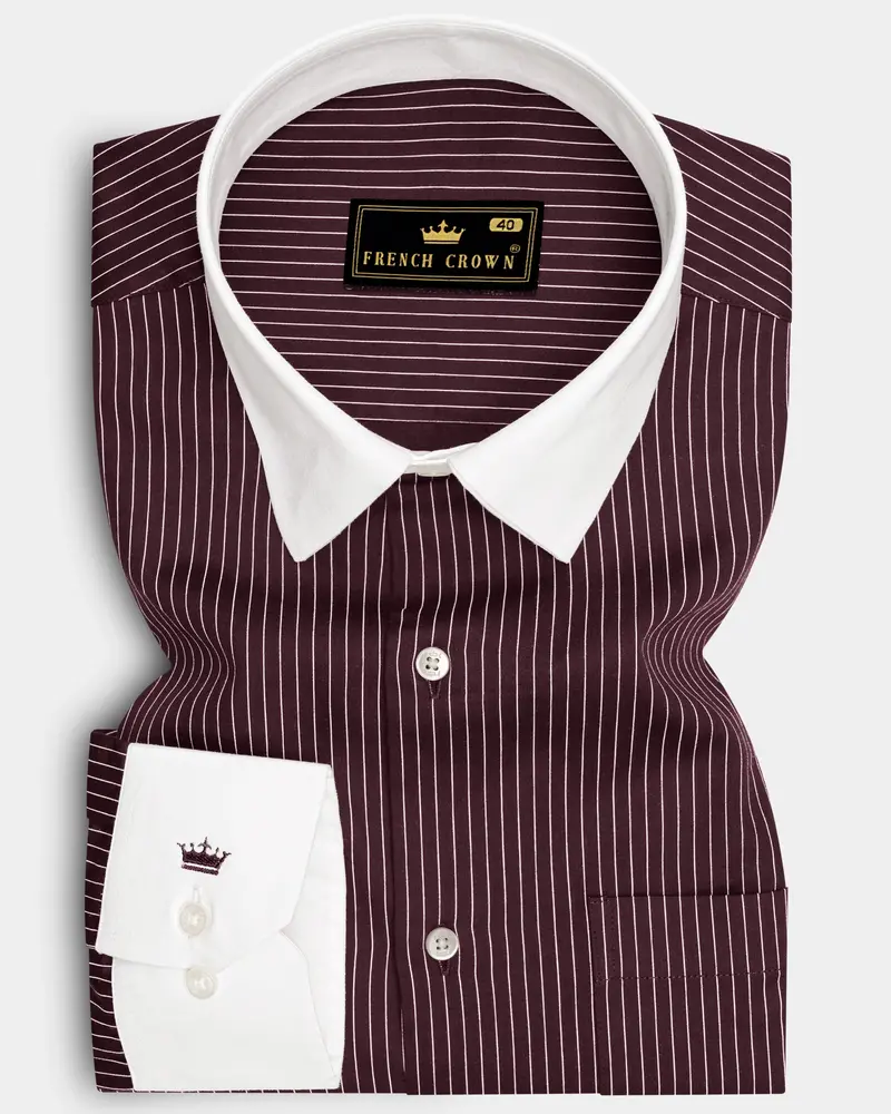 Claret-Aubergine Maroon And Bright White Pin Striped Subtle Sheen Super Soft Premium Cotton Dress White Cuff Collar Shirt 1