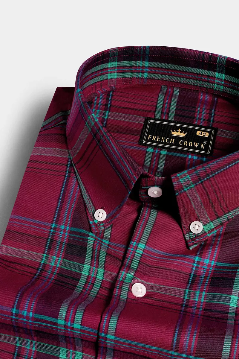 Claret Maroon And Vulcan Blue Plaid Subtle Sheen Super Soft Premium Cotton Shirt 1