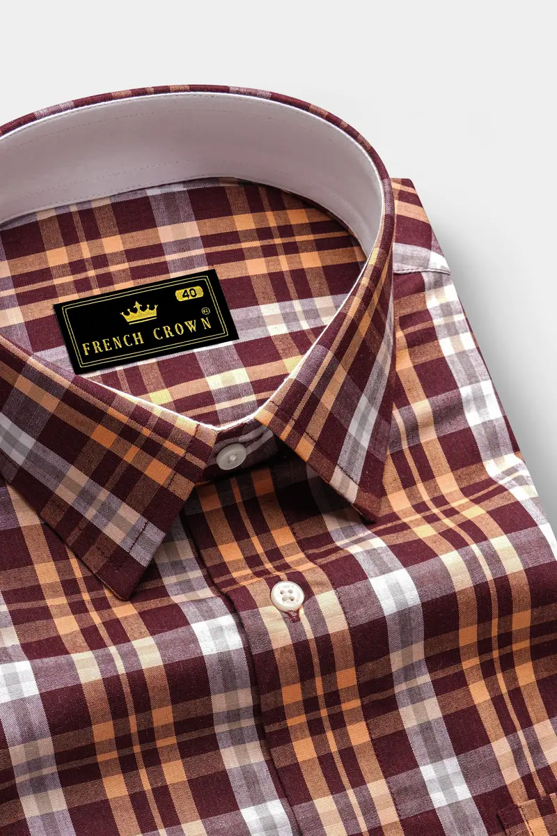 Claret Maroon With Tumbleweed Beige Checkered Premium Cotton Shirt 2