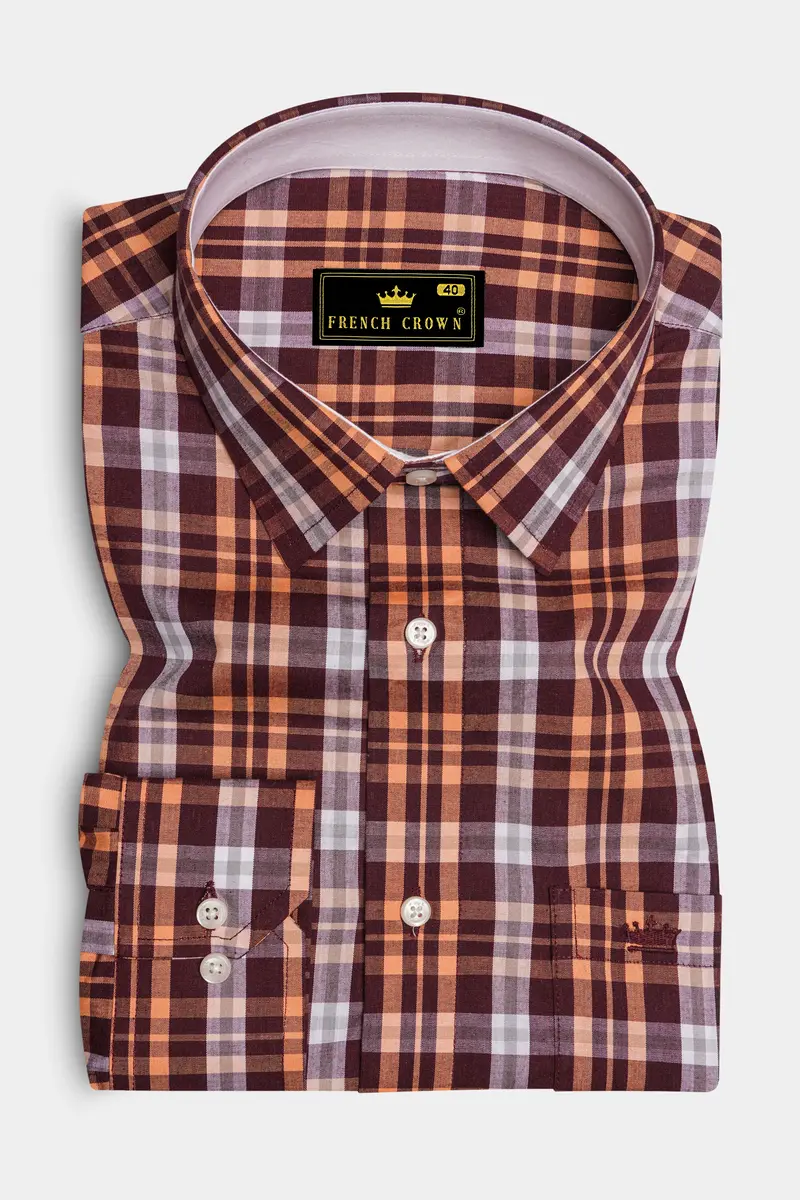 Claret Maroon With Tumbleweed Beige Checkered Premium Cotton Shirt 4
