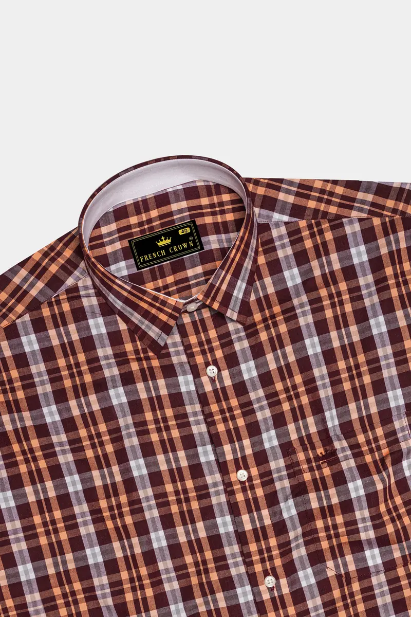 Claret Maroon With Tumbleweed Beige Checkered Premium Cotton Shirt 5