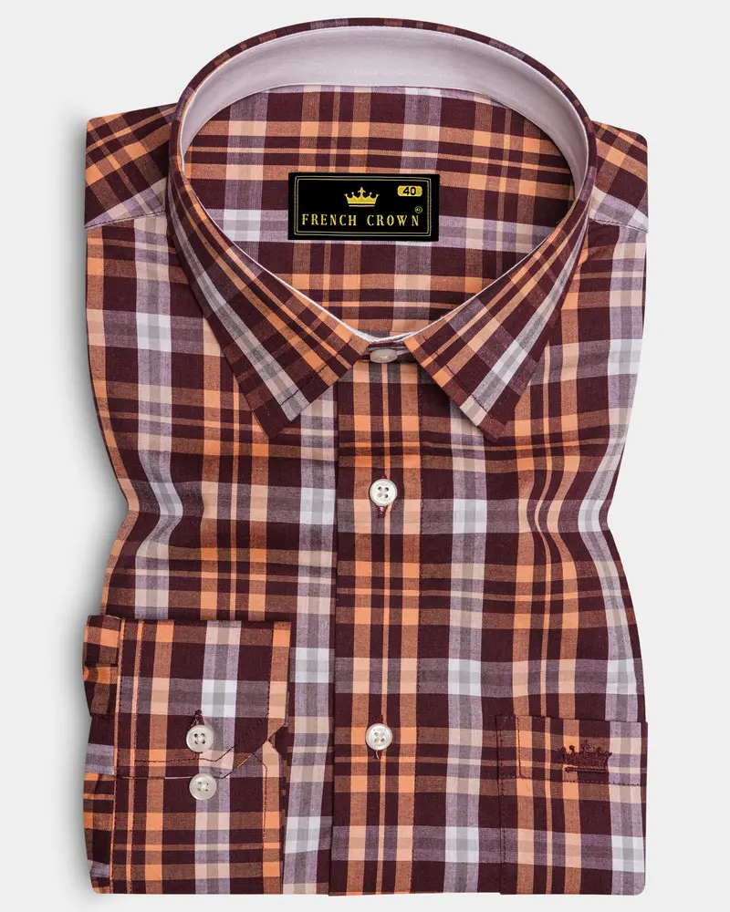 Claret Maroon With Tumbleweed Beige Checkered Premium Cotton Shirt 6