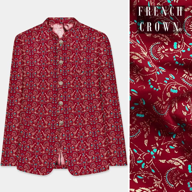 Claret Red And Aqua Marine Blue Velvet Printed Designer Bandhgala Jodhpuri 1