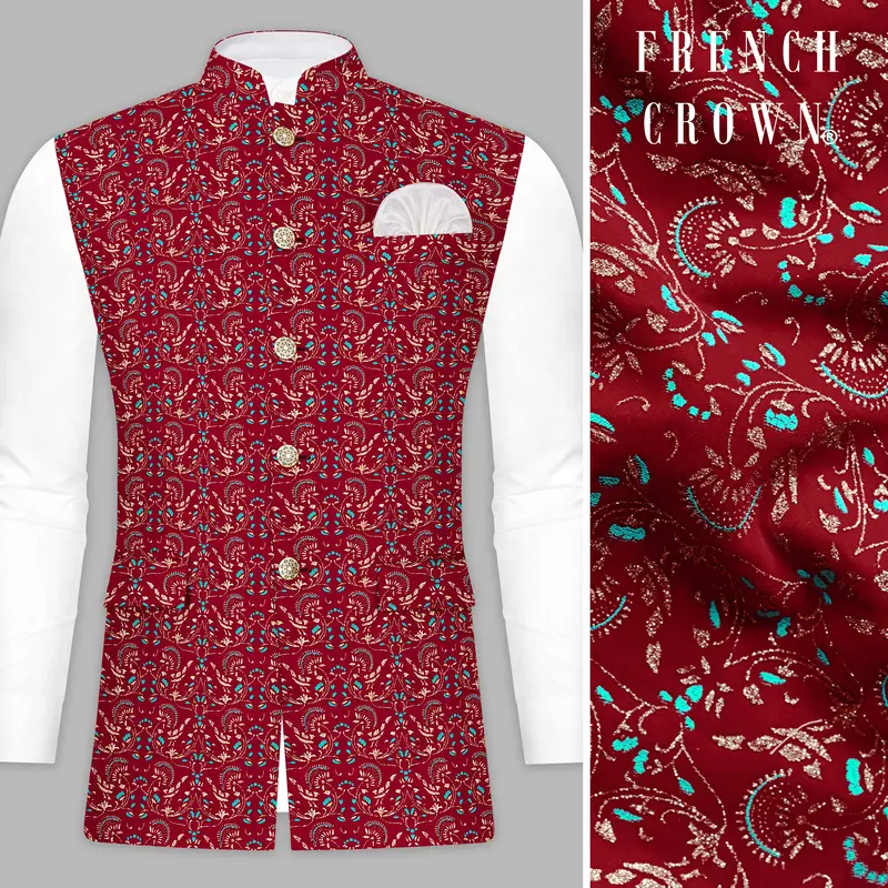 Claret Red And Aqua Marine Blue Velvet Printed Designer Nehru Jacket 1
