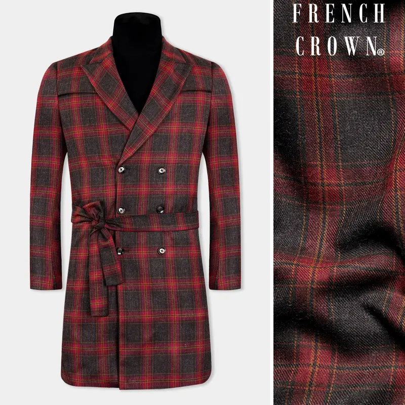 Claret Red And Walnut Brown Tweed Plaid Double Breasted Designer Overcoat 1