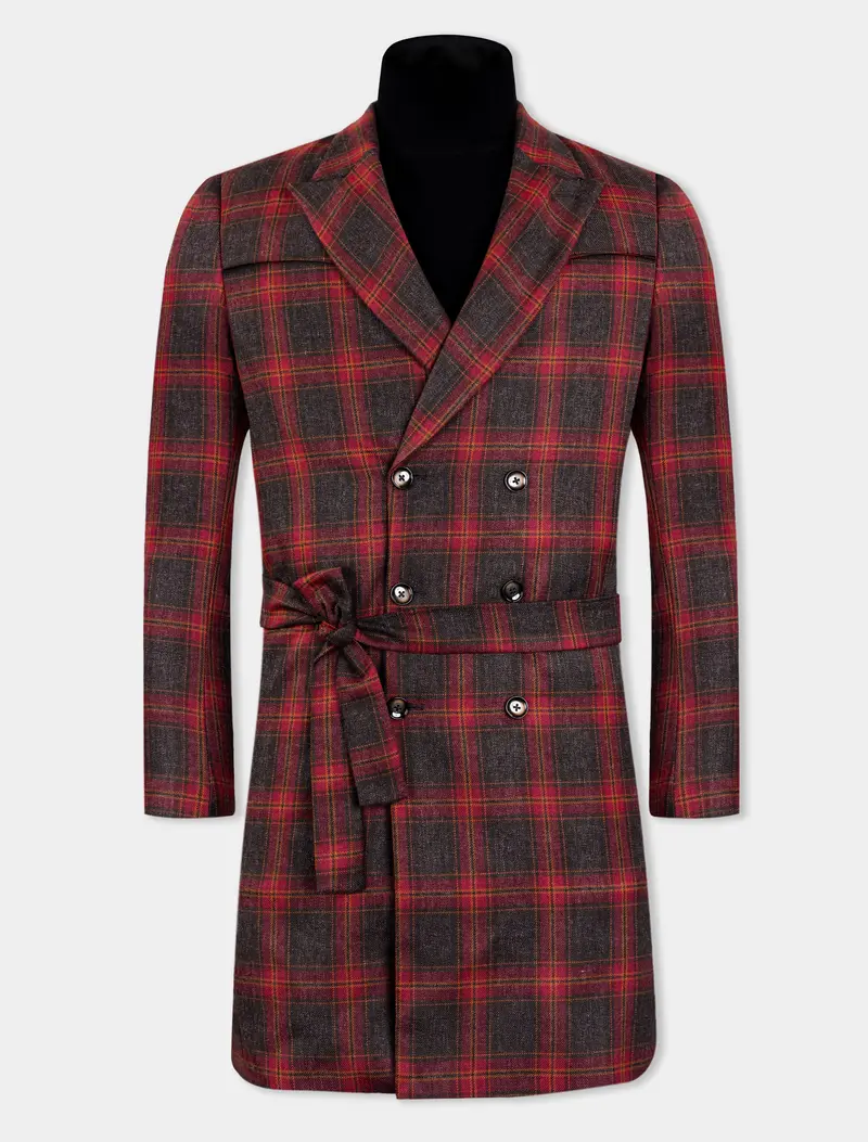 Claret Red And Walnut Brown Tweed Plaid Double Breasted Designer Overcoat 2