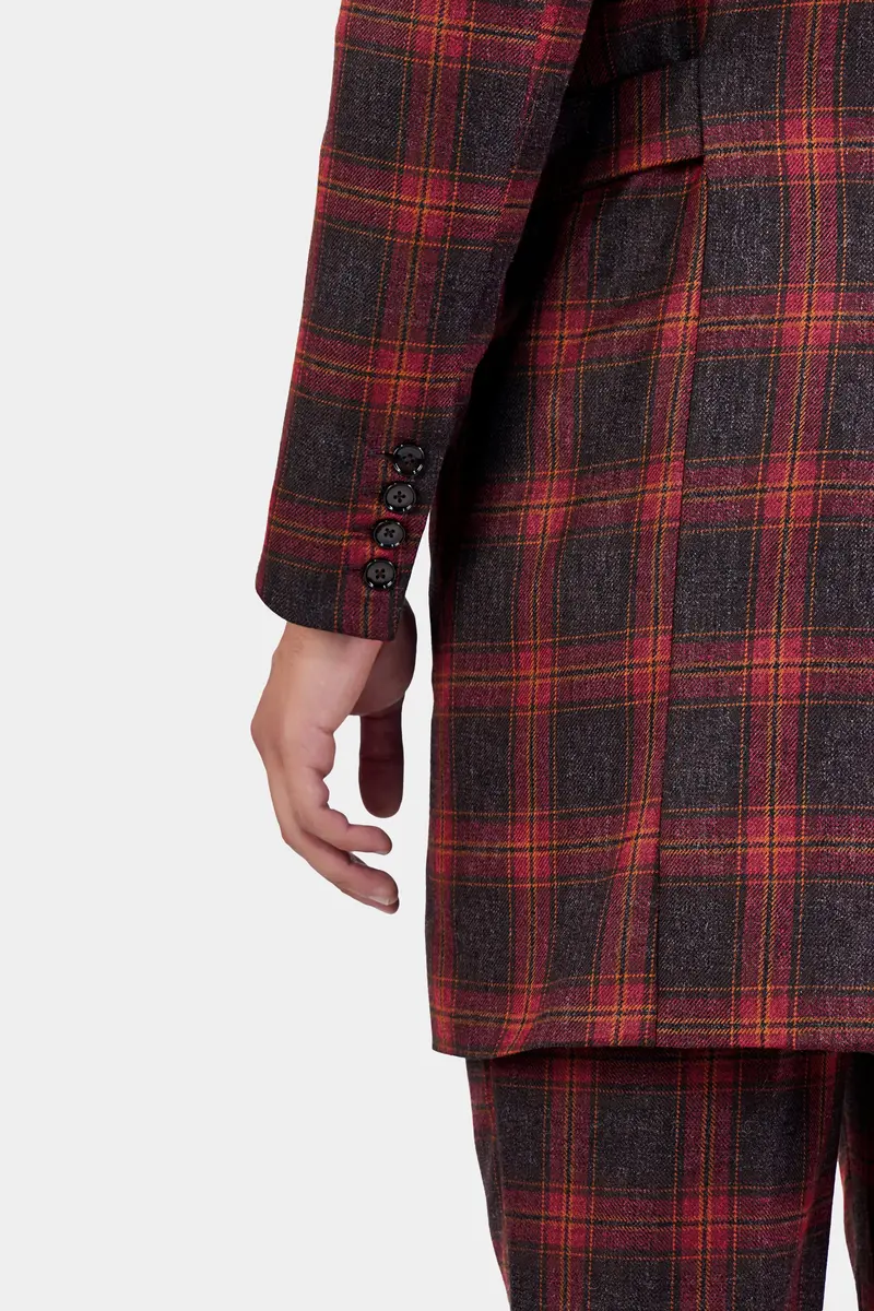 Claret Red And Walnut Brown Tweed Plaid Double Breasted Designer Overcoat 4