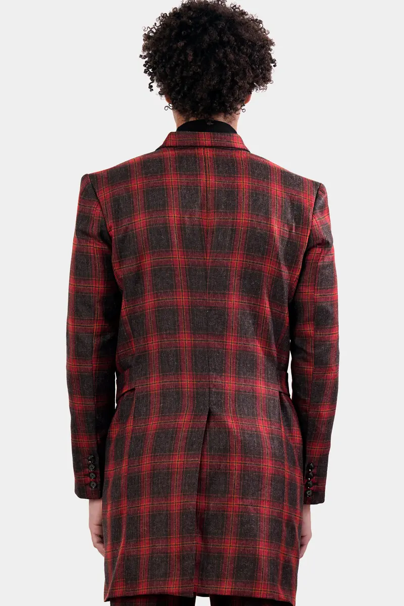 Claret Red And Walnut Brown Tweed Plaid Double Breasted Designer Overcoat 5