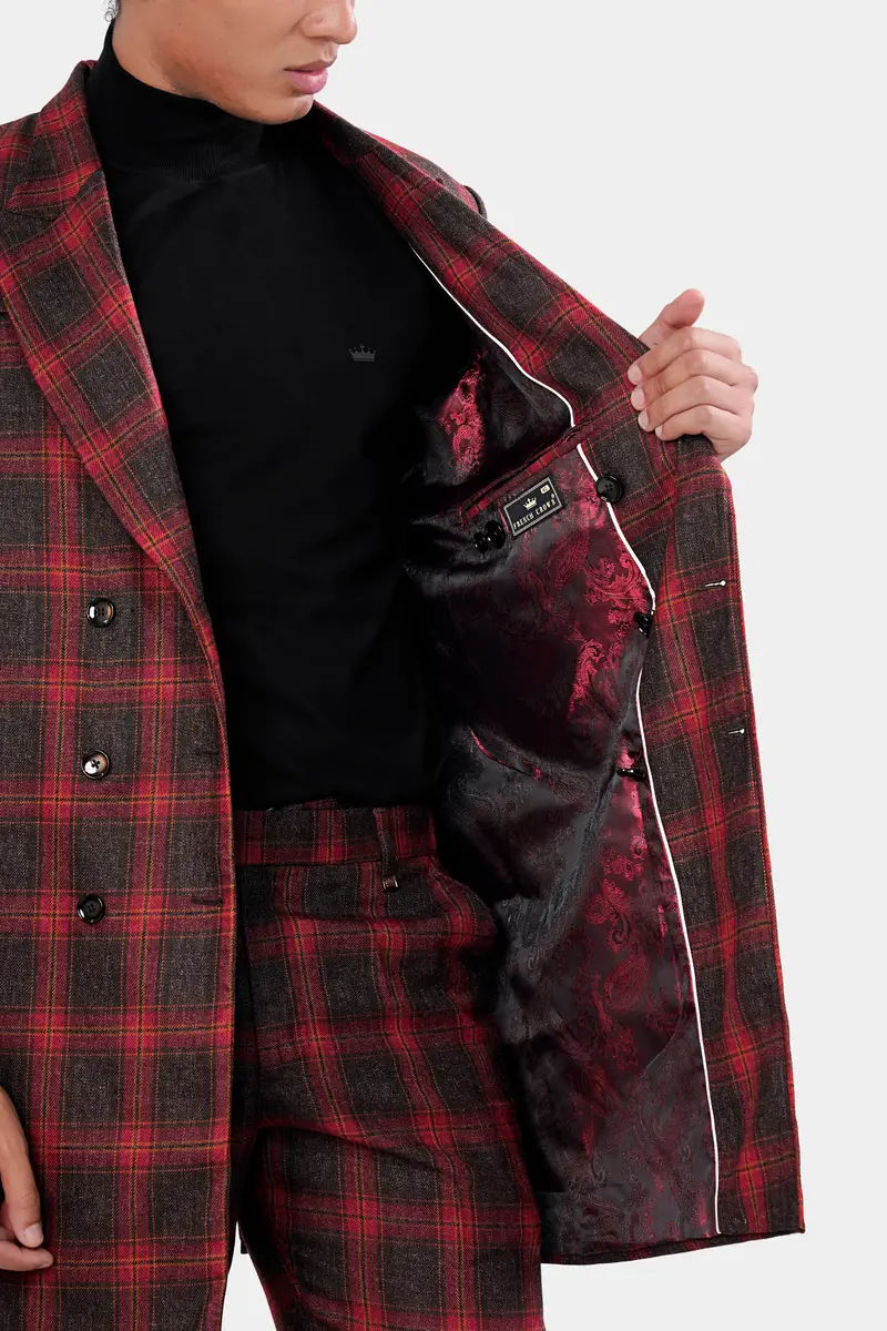 Claret Red And Walnut Brown Tweed Plaid Double Breasted Designer Overcoat 6