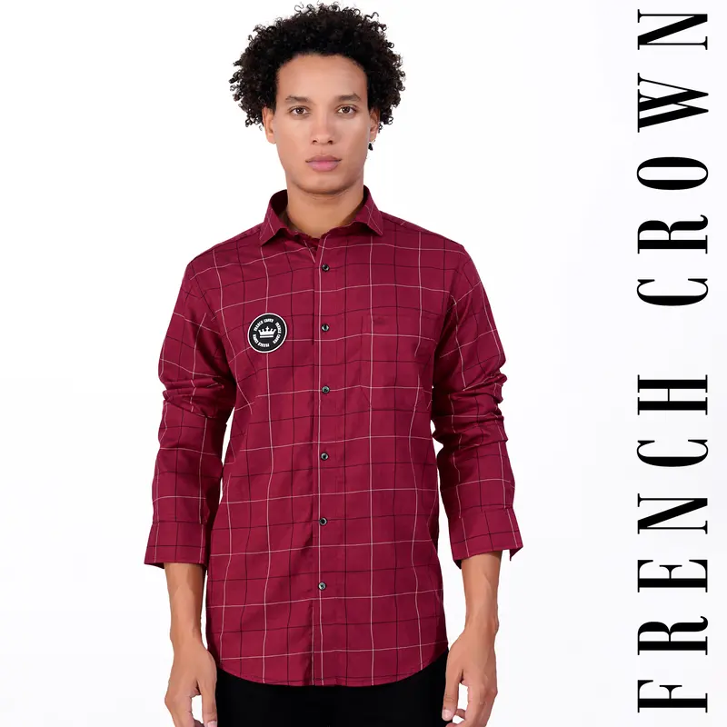 Claret Red Checkered Patchwork Twill Premium Cotton Designer Shirt 1