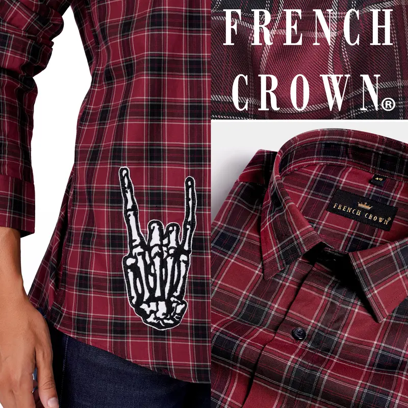 Claret Red Plaid With Funky Patchwork Twill Premium Cotton Designer Shirt 1