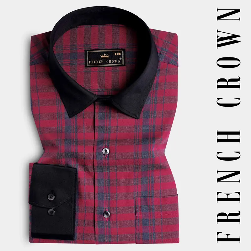Claret Red Twill Checkered With Black Cuffs And Collar Premium Cotton Shirt 1