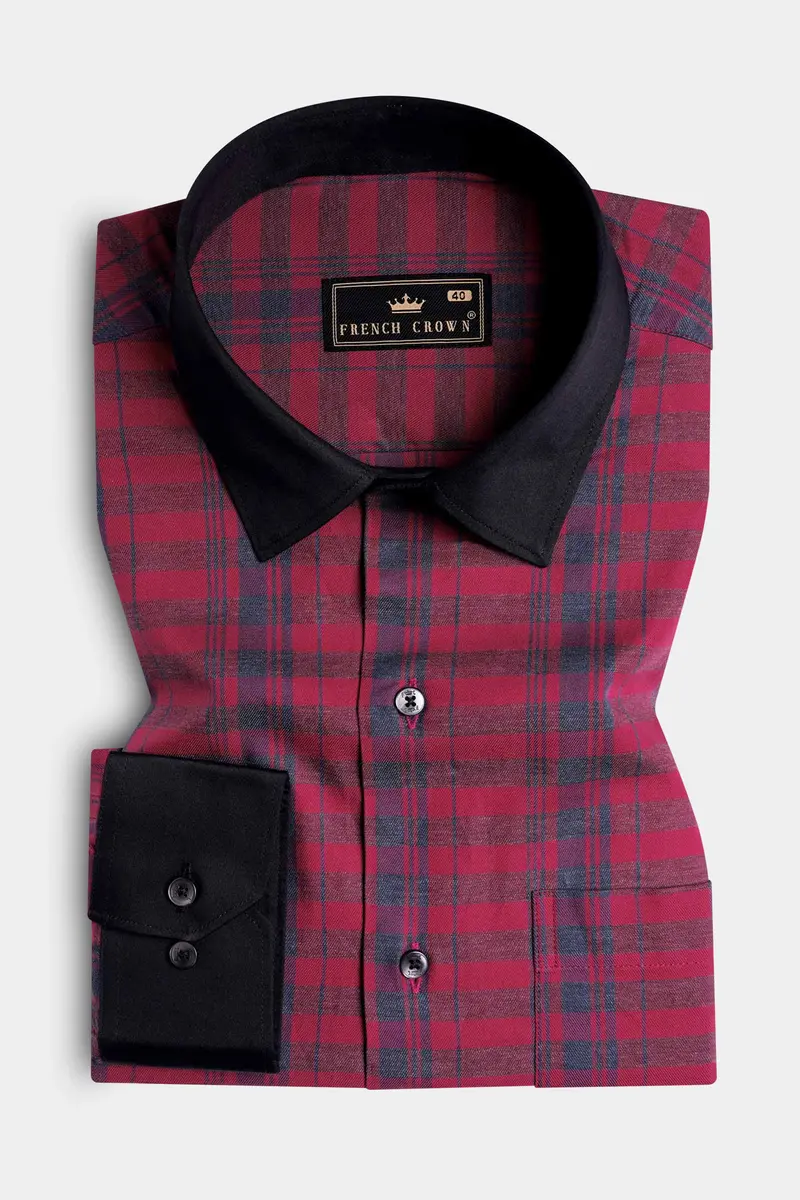 Claret Red Twill Checkered With Black Cuffs And Collar Premium Cotton Shirt 2