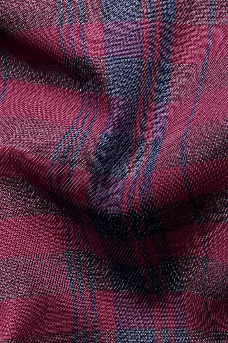 Claret Red Twill Checkered With Black Cuffs And Collar Premium Cotton Shirt 3
