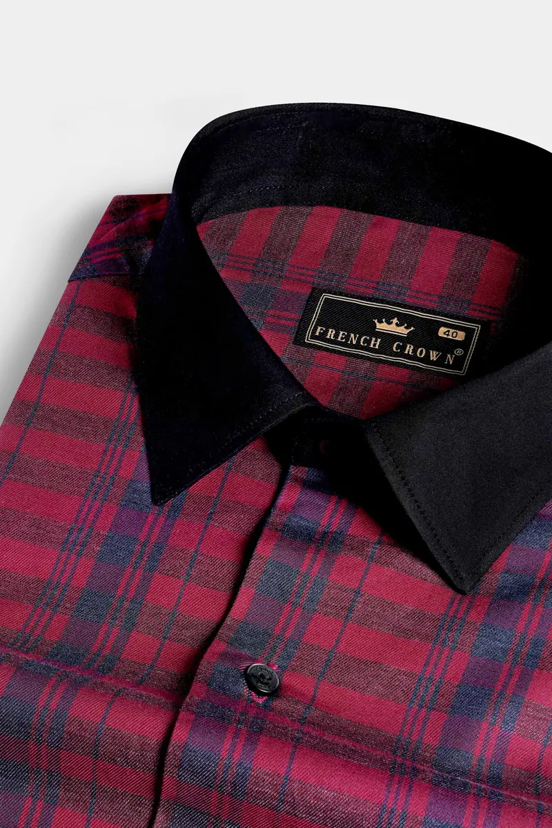 Claret Red Twill Checkered With Black Cuffs And Collar Premium Cotton Shirt 4
