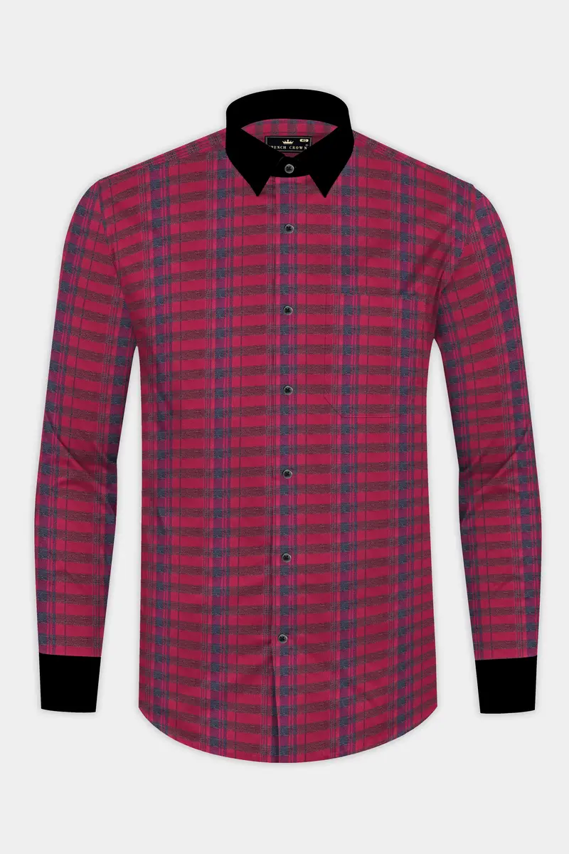 Claret Red Twill Checkered With Black Cuffs And Collar Premium Cotton Shirt 5