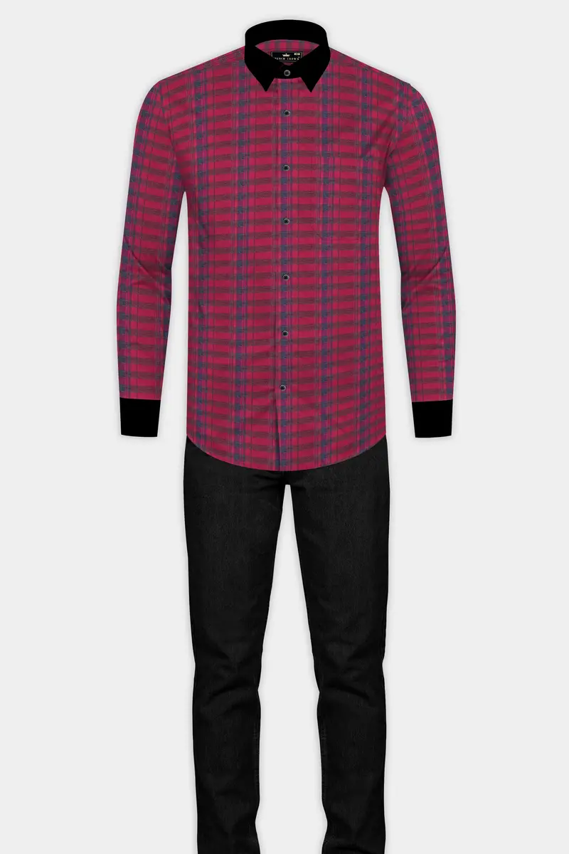 Claret Red Twill Checkered With Black Cuffs And Collar Premium Cotton Shirt 7