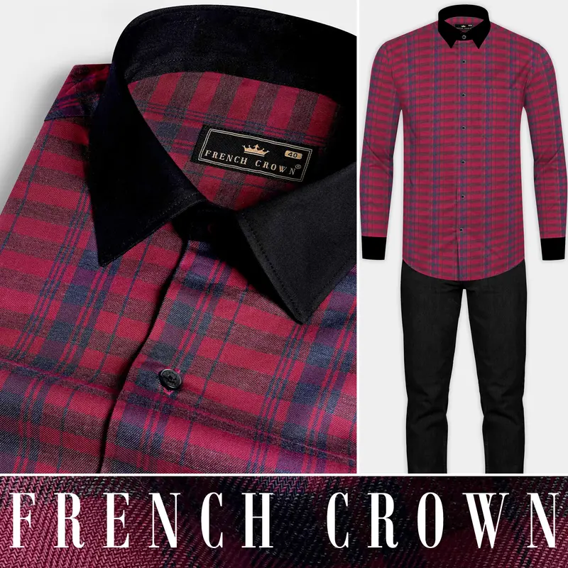 Claret Red Twill Checkered With Black Cuffs And Collar Premium Cotton Shirt 8