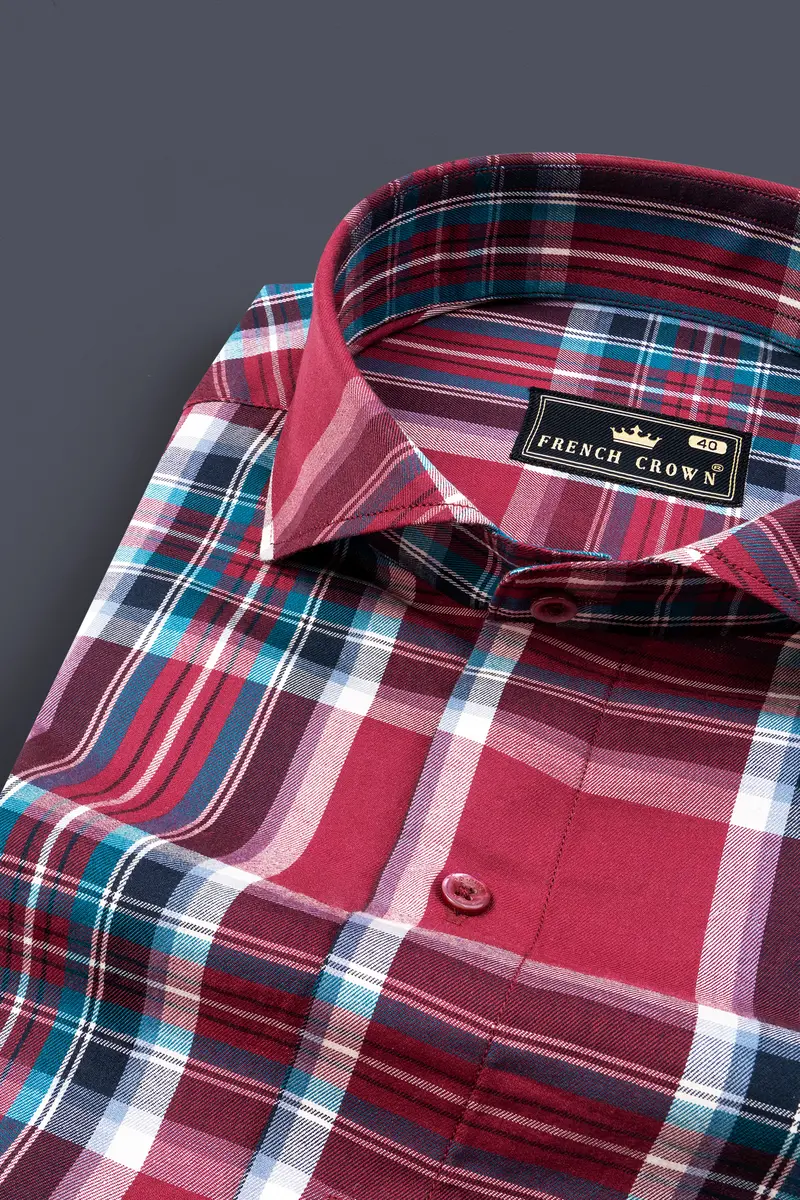 Claret Wine With Multicolored Plaid Twill Premium Cotton Shirt 1