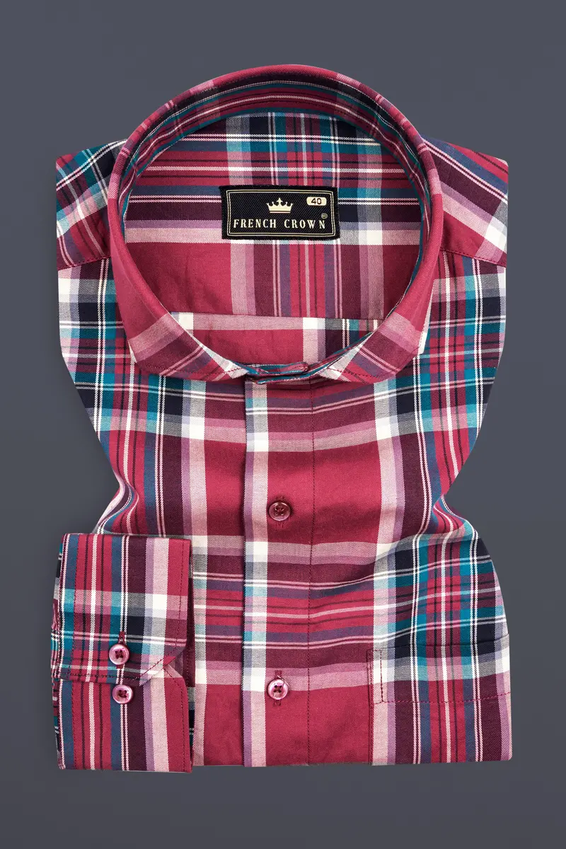 Claret Wine With Multicolored Plaid Twill Premium Cotton Shirt 3