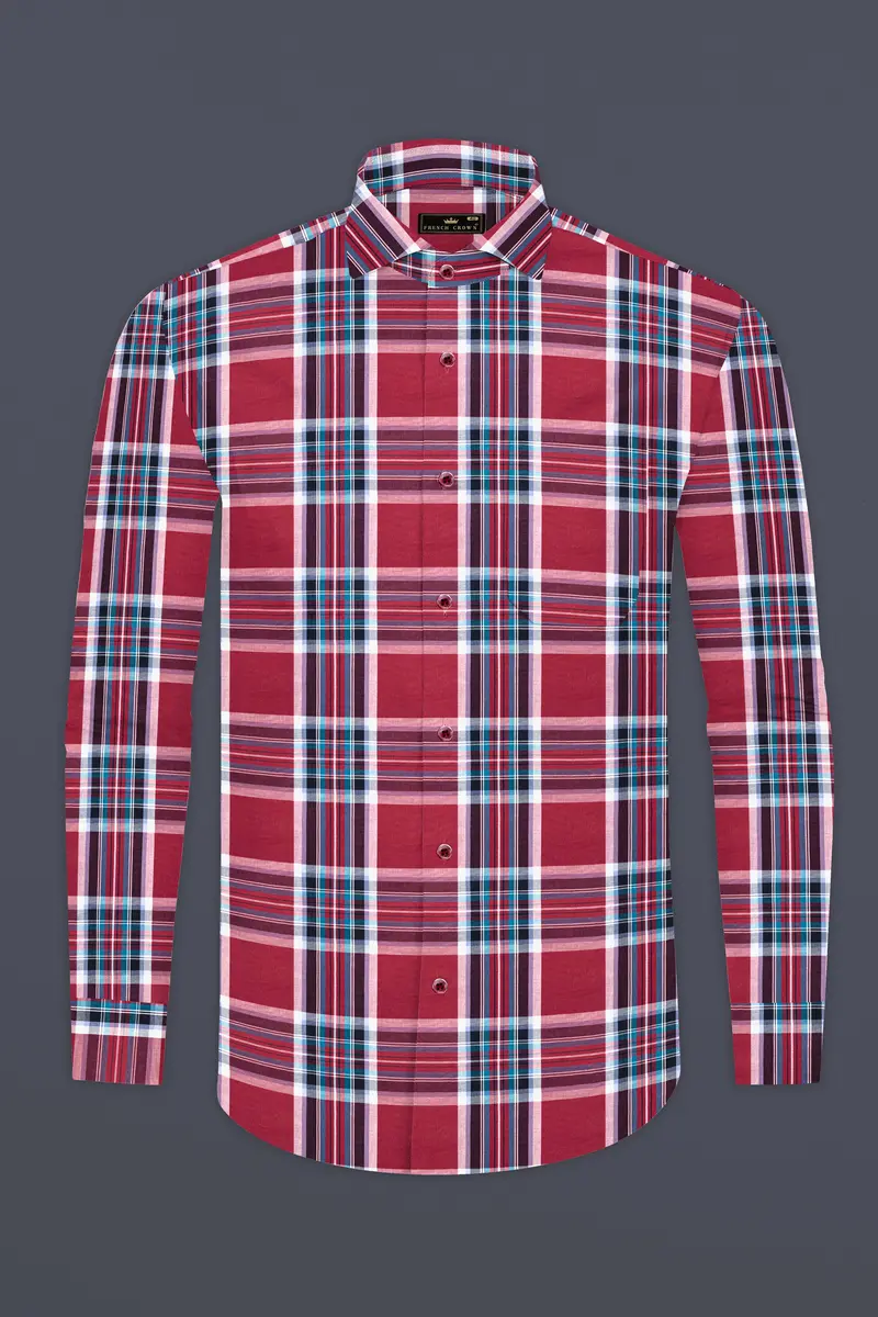 Claret Wine With Multicolored Plaid Twill Premium Cotton Shirt 4