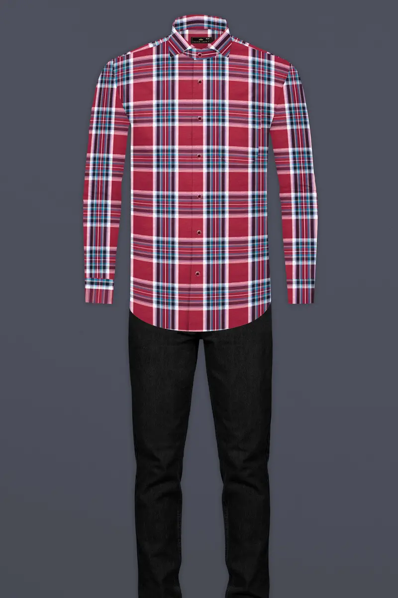 Claret Wine With Multicolored Plaid Twill Premium Cotton Shirt 6