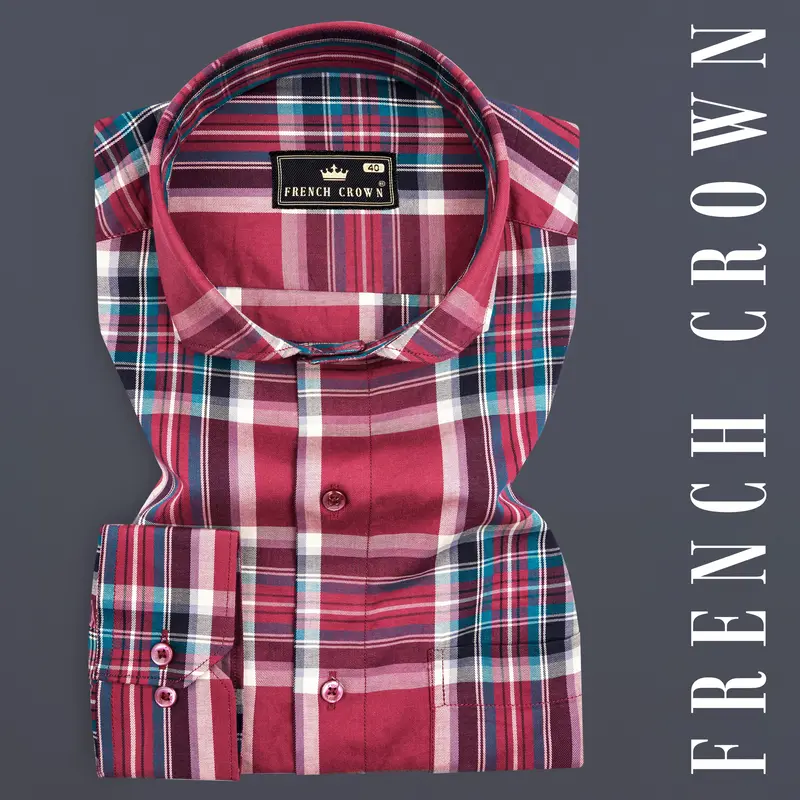 Claret Wine With Multicolored Plaid Twill Premium Cotton Shirt 7
