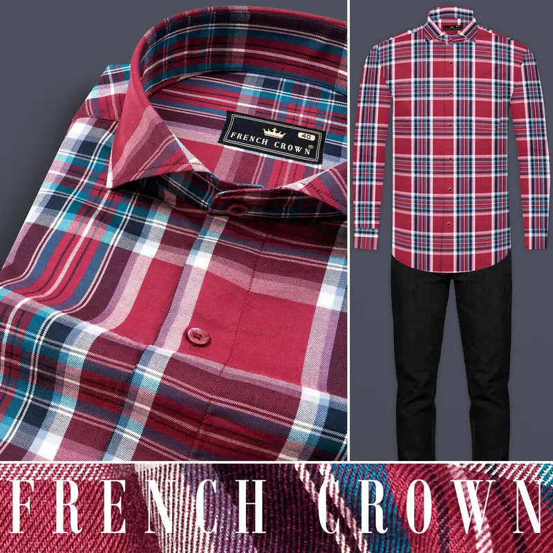 Claret Wine With Multicolored Plaid Twill Premium Cotton Shirt 8