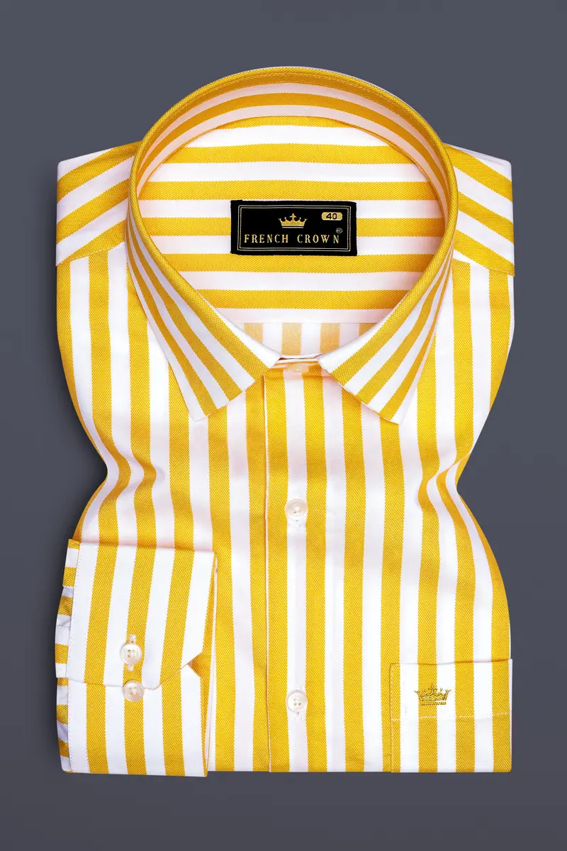Clarivo-Mikado Yellow And Bright White Candy Striped Subtle Sheen Super Soft Premium Cotton Dress Shirt 4