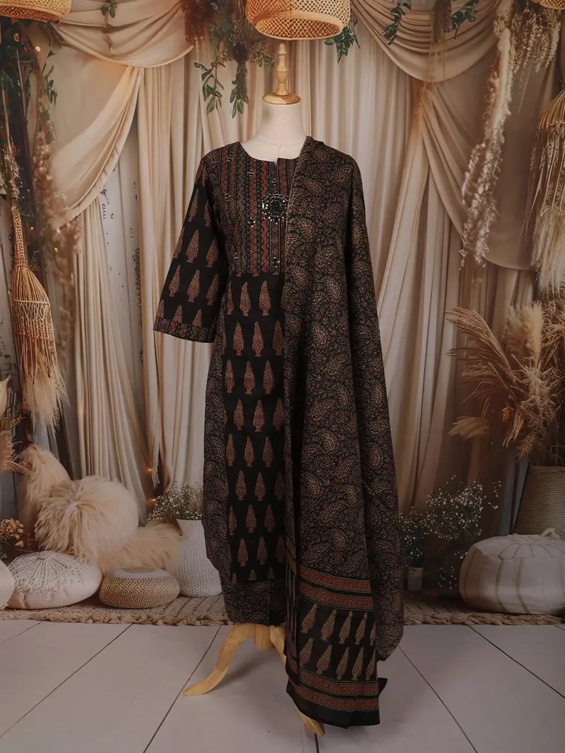 Classic Black Ajrakh Printed Design Cotton Anarkali Salwar Suit With Dupatta 1