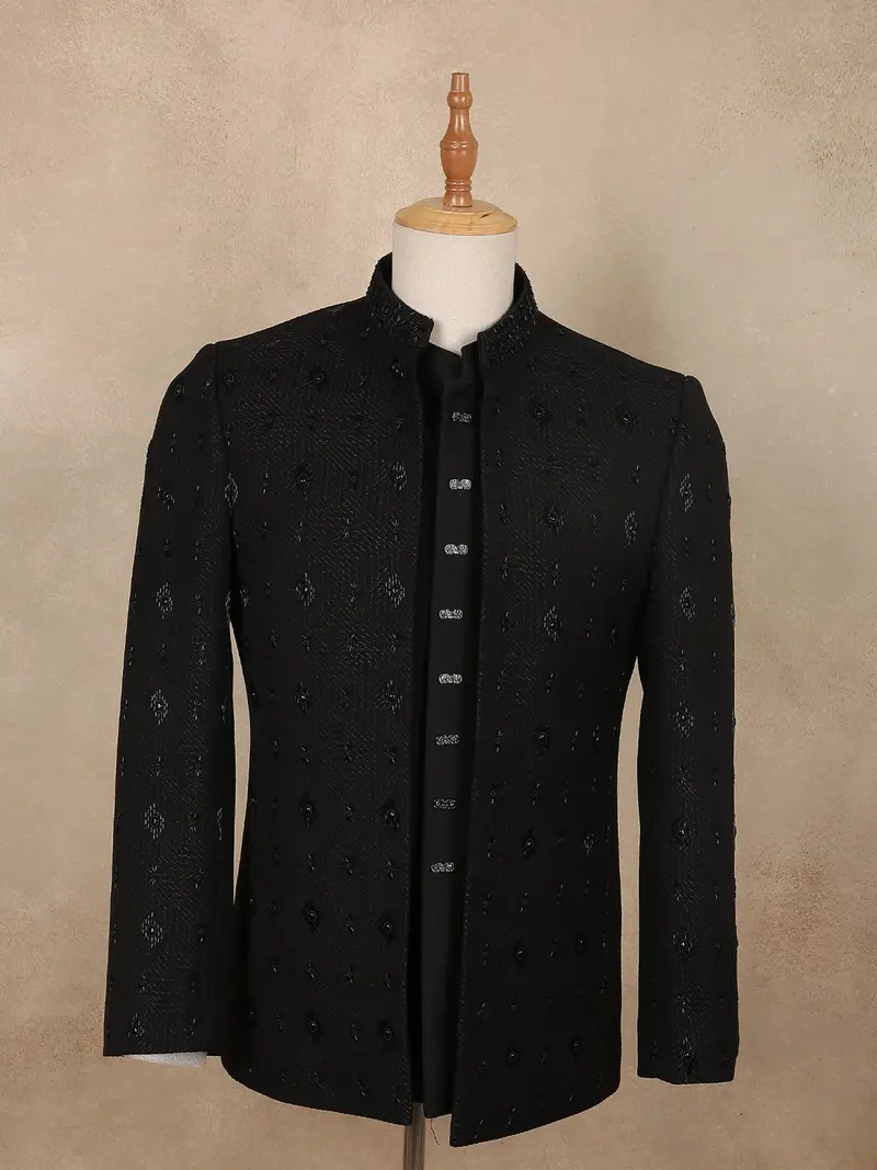 Classic Black Beads Embroidered Design Polynosic Men's Suit 1