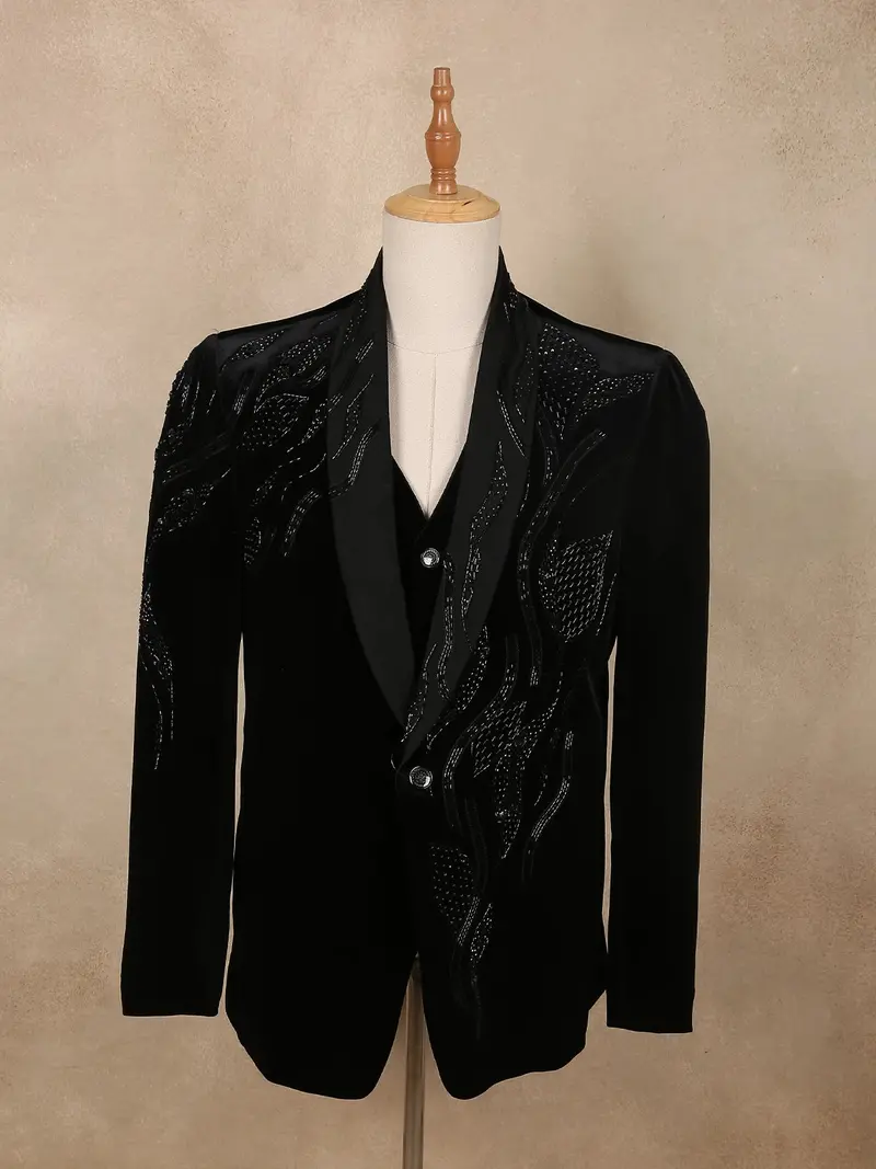 Classic Black Beads Embroidered Design Velvet Men's Suit 1