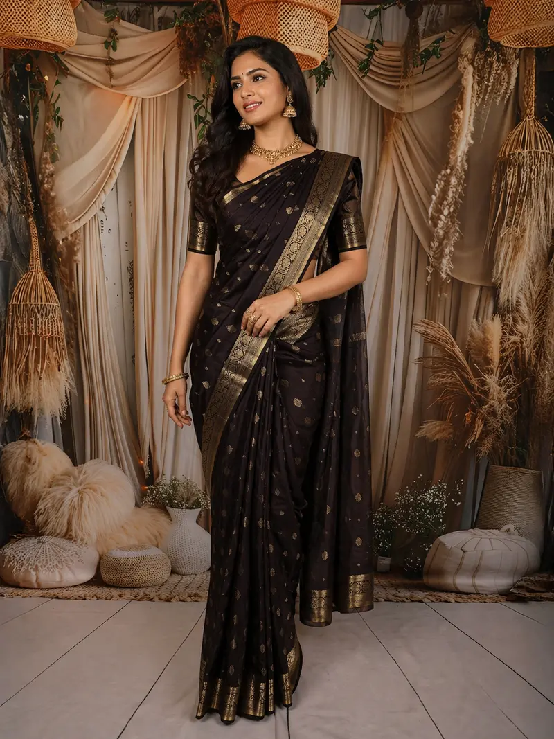 Classic Black Butta Zari Woven Design Pure Kanchipuram Silk Saree With Zari Border 1