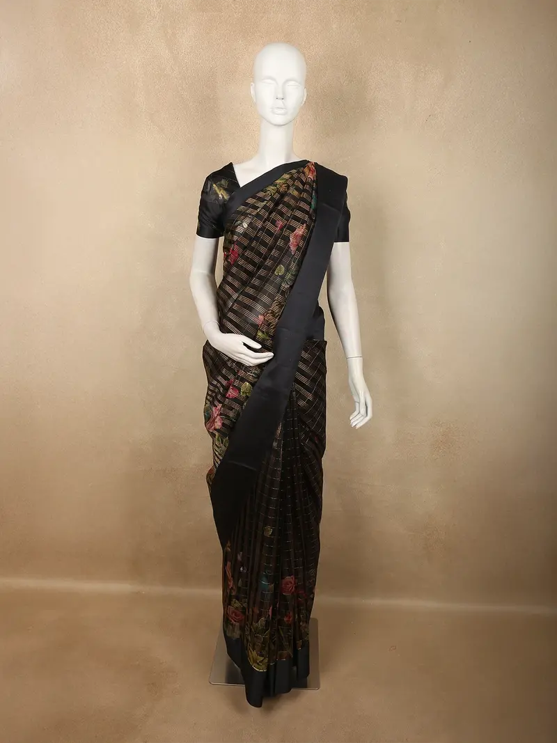 Classic Black Checked Floral Printed Design Organza Saree With Solid Border 1