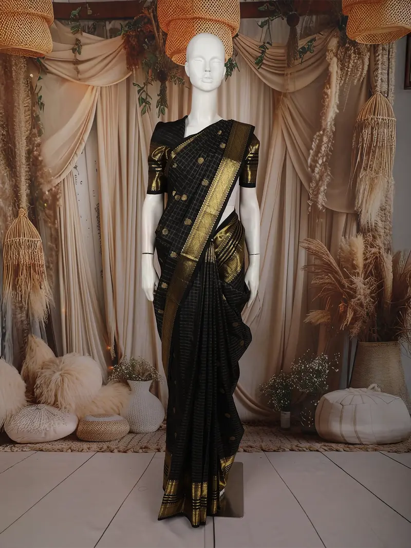 Classic Black Checked Peacock Butta Woven Design Pure Kanchipuram Silk Saree With Contrast Zari Border 1