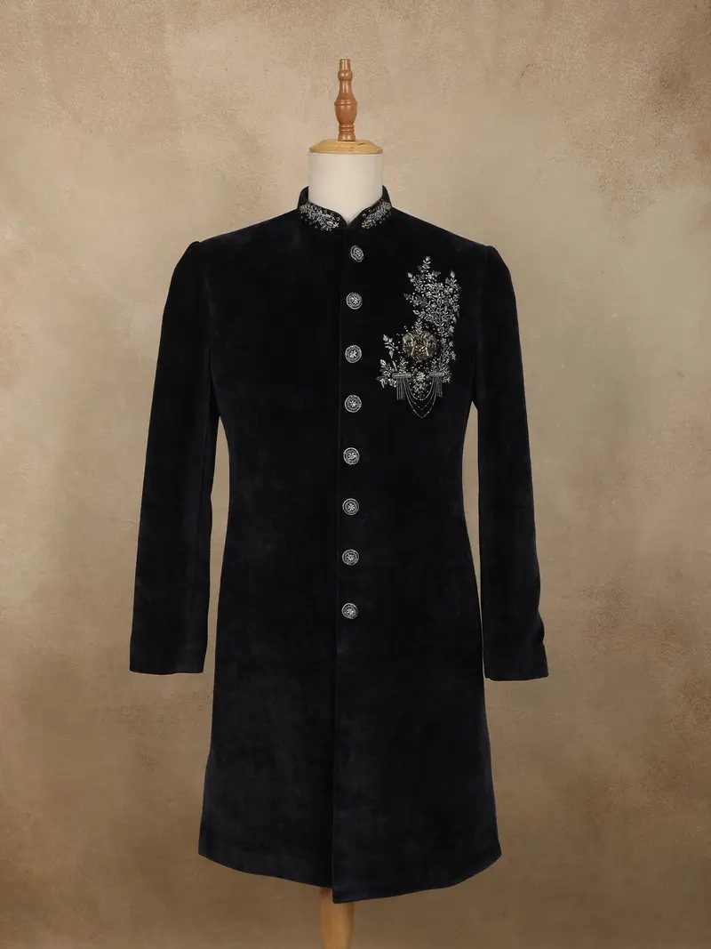 Classic Black Elephant Motif Beads And Zardozi Embroidered Design Velvet Men's Sherwani Suit 1
