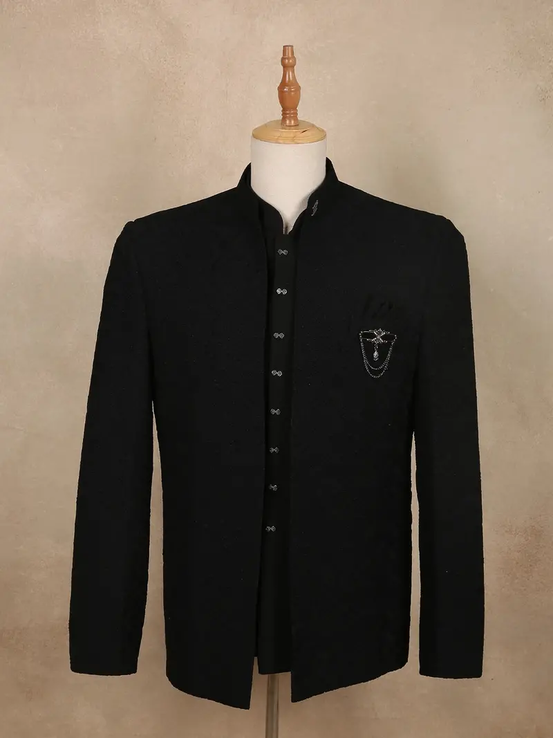 Classic Black Embellished Design Polynosic Men's Suit 1
