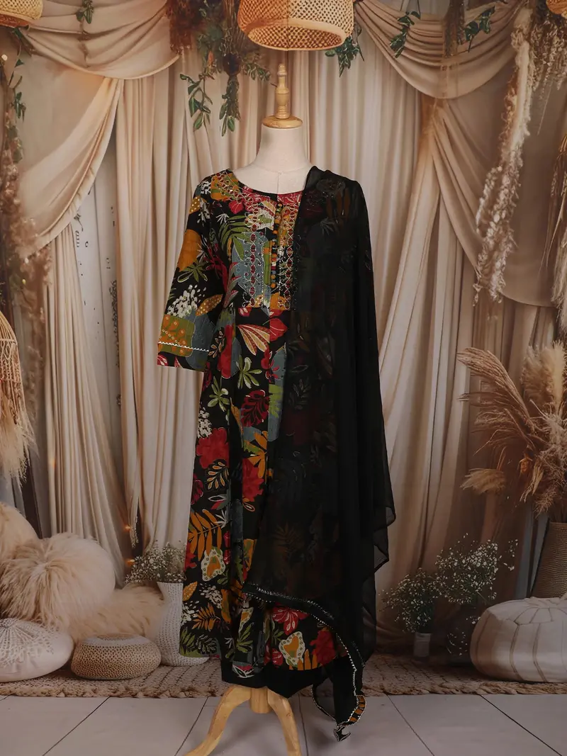 Classic Black Floral Printed Design Cotton Anarkali Salwar Suit With Dupatta 1
