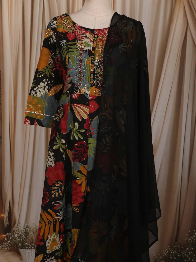Classic Black Floral Printed Design Cotton Anarkali Salwar Suit With Dupatta 2