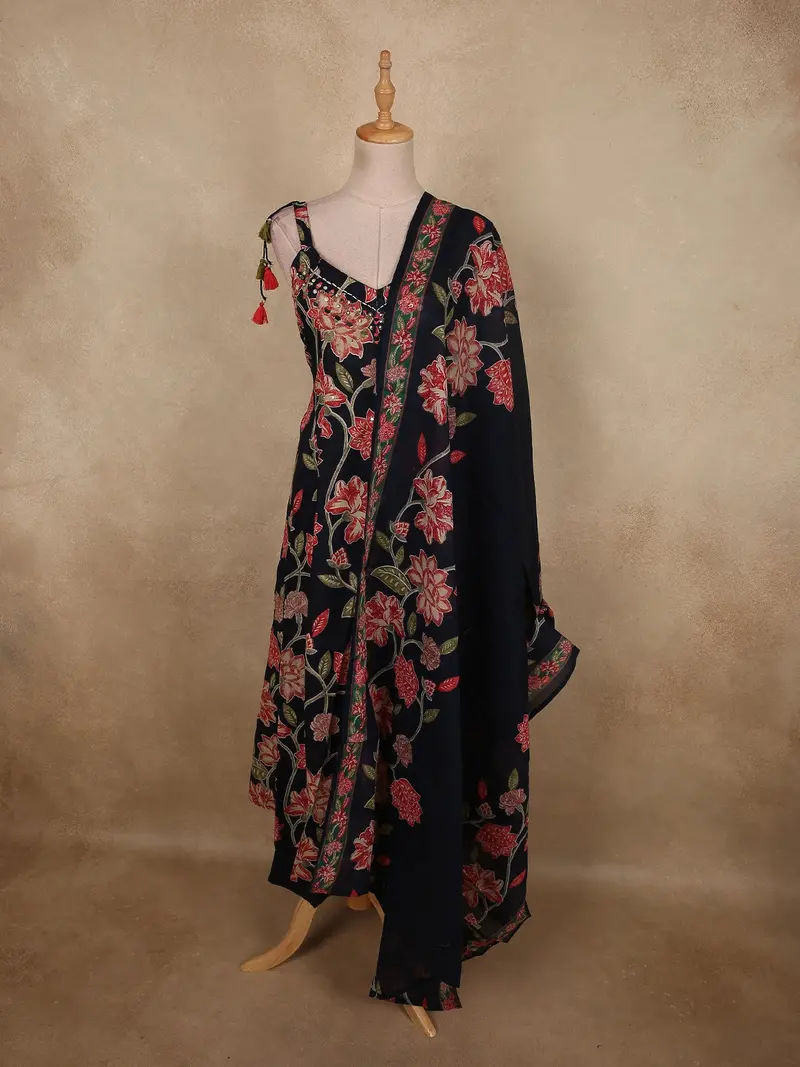 Classic Black Floral Printed Design Cotton Salwar Suit With Dupatta 1