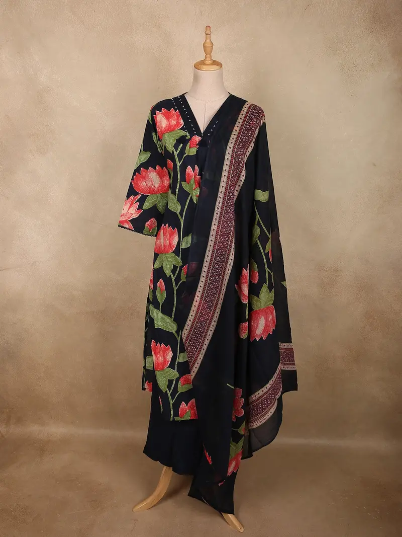 Classic Black Floral Printed Design Cotton Salwar Suit With Dupatta 1