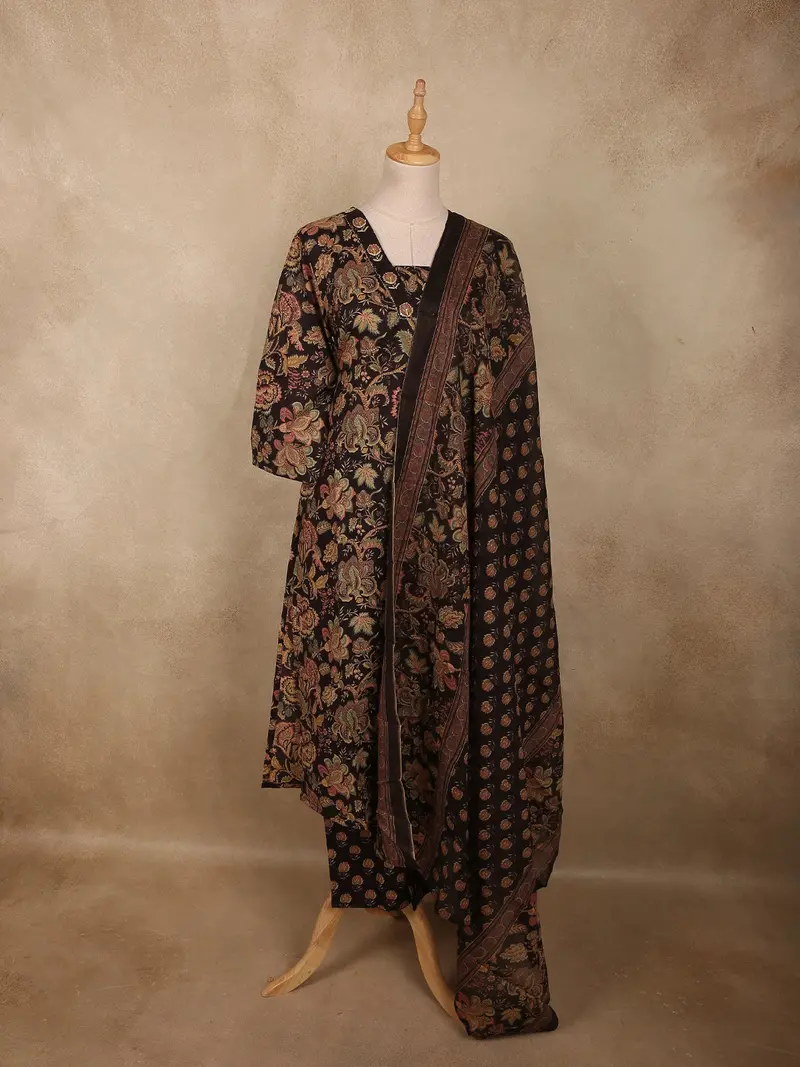 Classic Black Floral Printed Design Cotton Salwar Suit With Dupatta 1