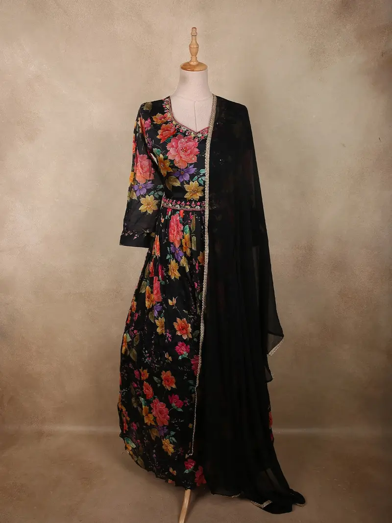 Classic Black Floral Printed Design Georgette Anarkali Gown With Dupatta 1
