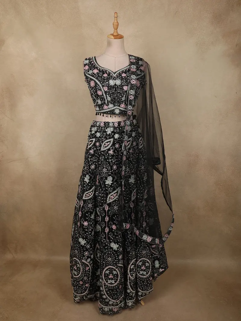 Classic Black Floral Thread And Beads Embroidered Design Net Lehenga With Dupatta 1