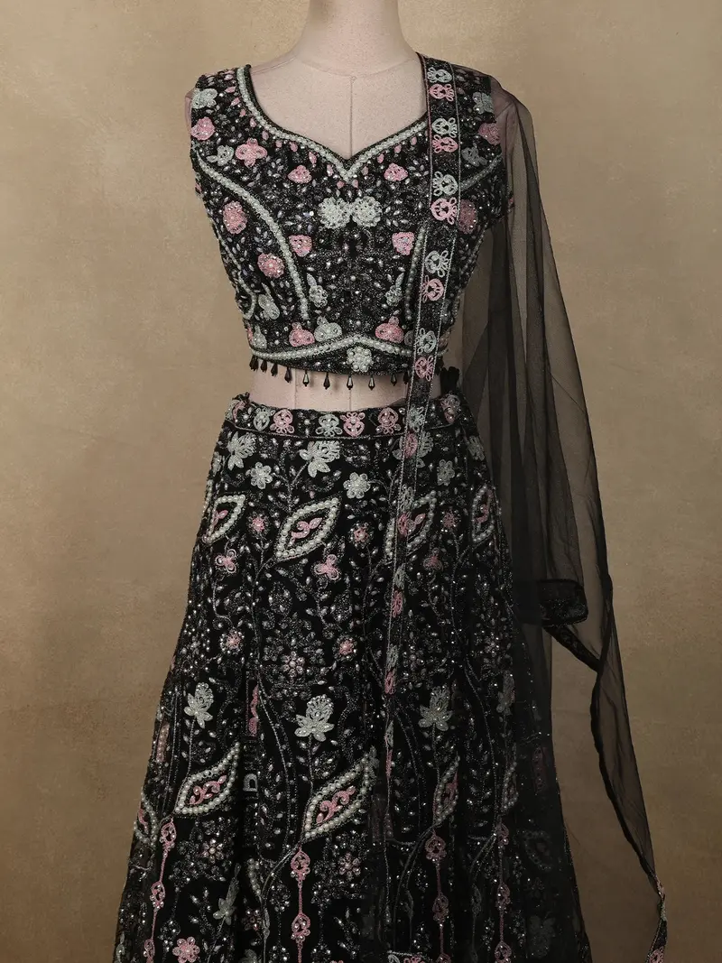 Classic Black Floral Thread And Beads Embroidered Design Net Lehenga With Dupatta 2