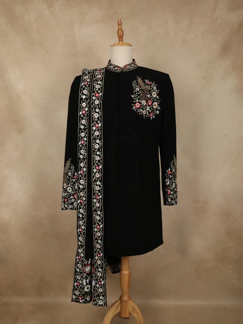 Classic Black Floral Thread And Beads Embroidered Design Polynosic Men's Sherwani Suit 1