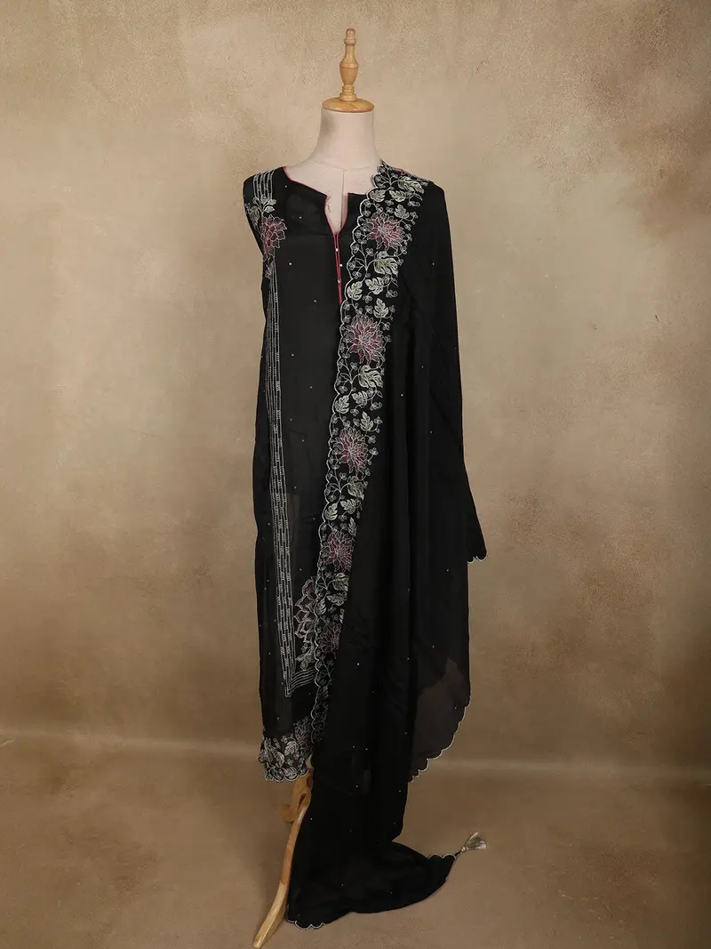 Classic Black Floral Thread Embroidered Design Cotton Unstitched Salwar Material With Dupatta 1