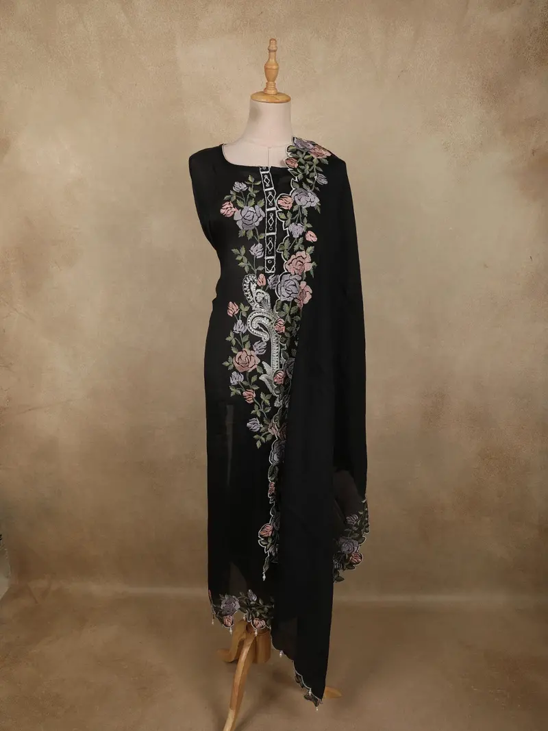 Classic Black Floral Thread Embroidered Design Cotton Unstitched Salwar Material With Dupatta 1